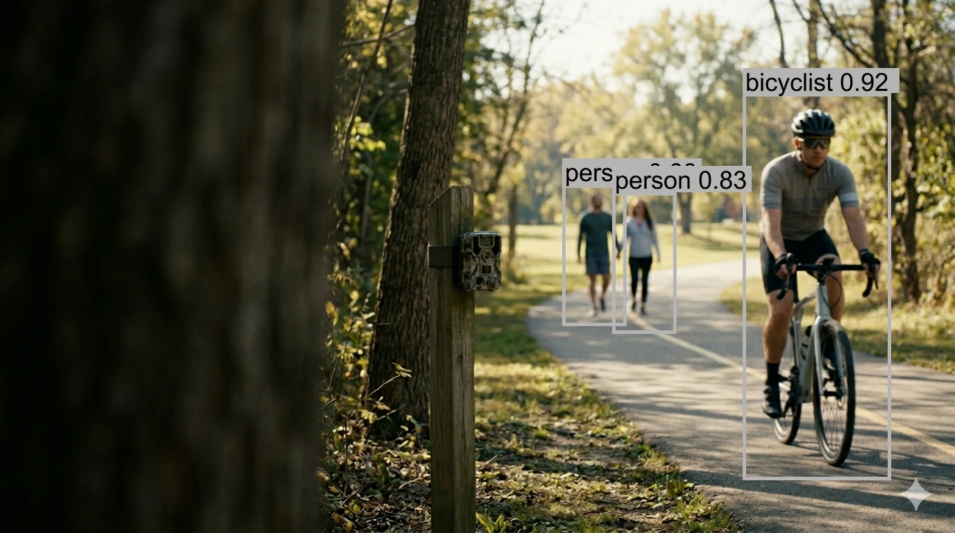 AI-powered detection showing cyclist and pedestrian with confidence scores on a trail